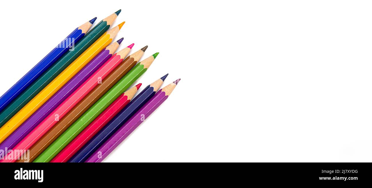 Colorful crayons isolated on white background. Top view Stock Photo - Alamy