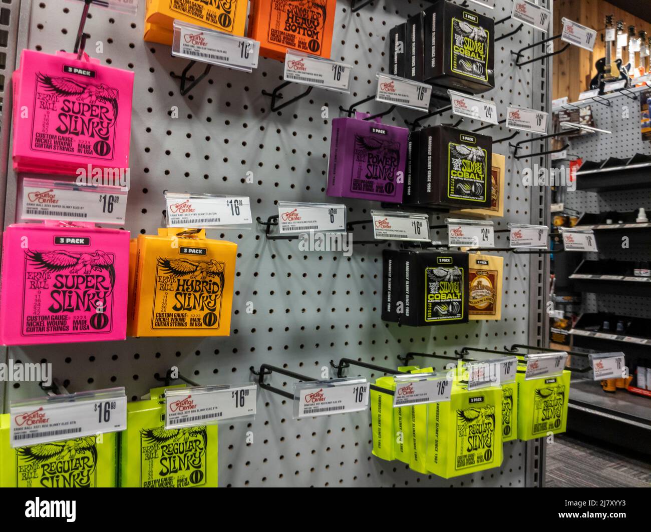 Lynnwood, WA USA - circa May 2022: Angled view of guitar strings for ...