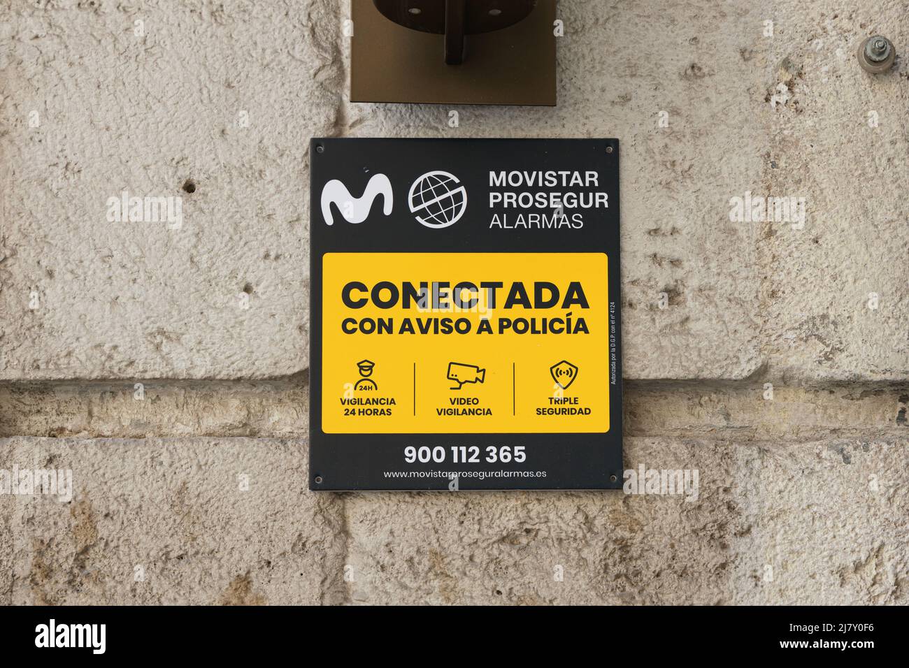 VALENCIA, SPAIN - MAY 05, 2022: Movistar Prosegur Alarmas plate on building facade Stock Photo