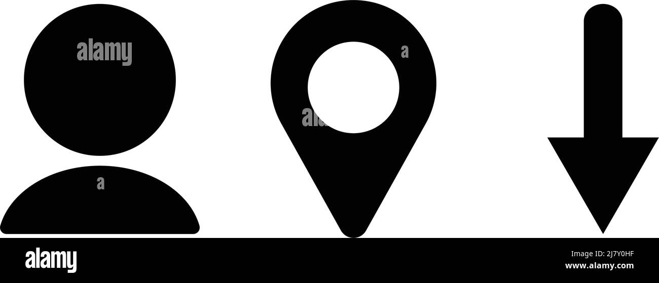 A set of silhouette icons of a person, a map pin and an arrow. Editable vector. Stock Vector
