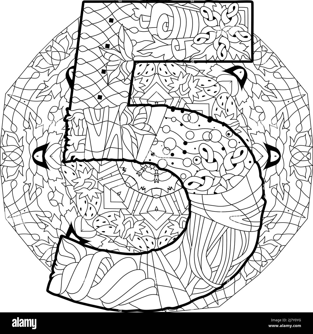 Five number on mandala Isolated zentangle illustration for coloring pages Stock Vector