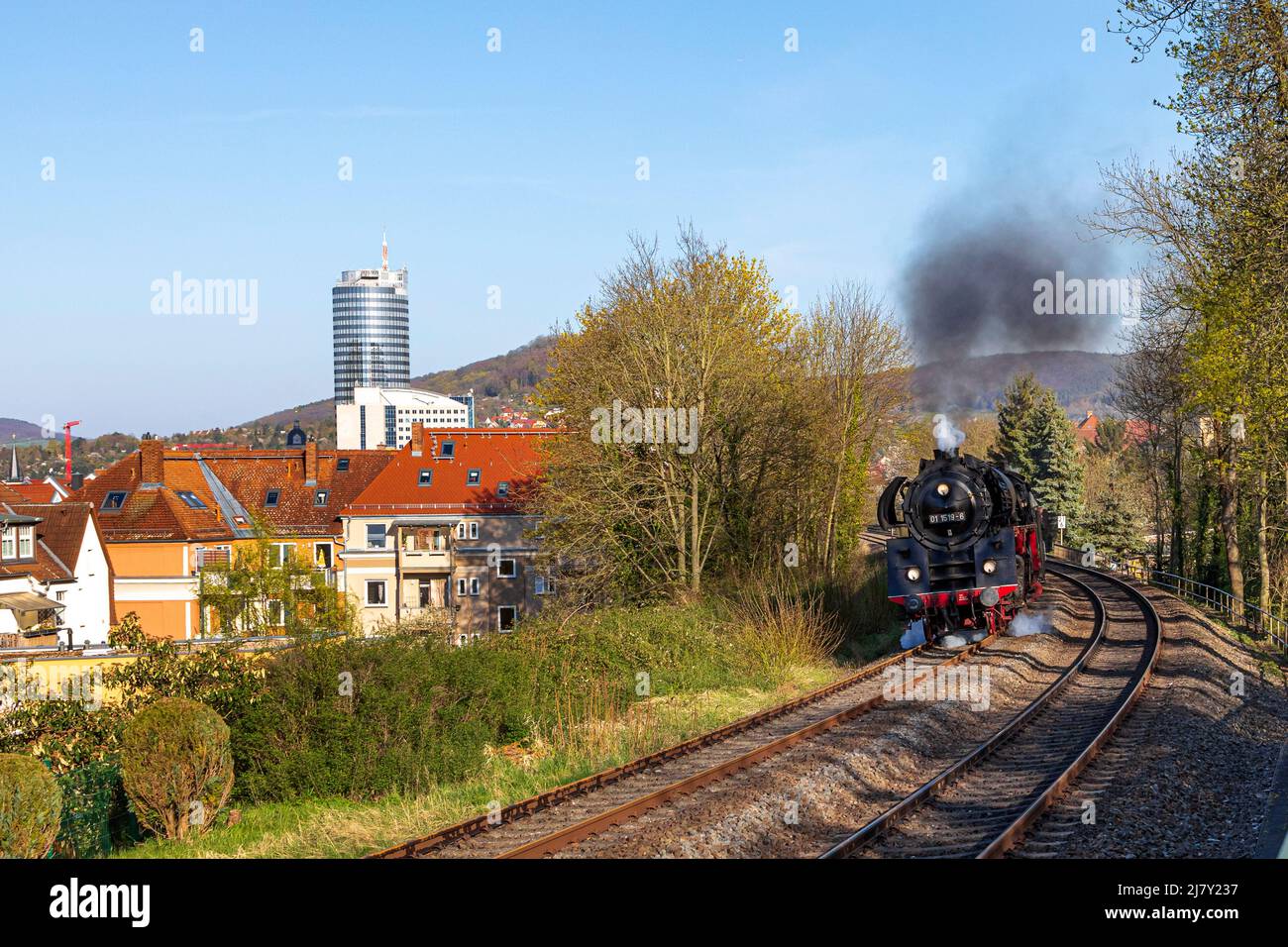 Special Train With Steam Locomotive 01 1519 In Jena With The Jentower In The Background, Thuringia, Germany, Europe Stock Photo