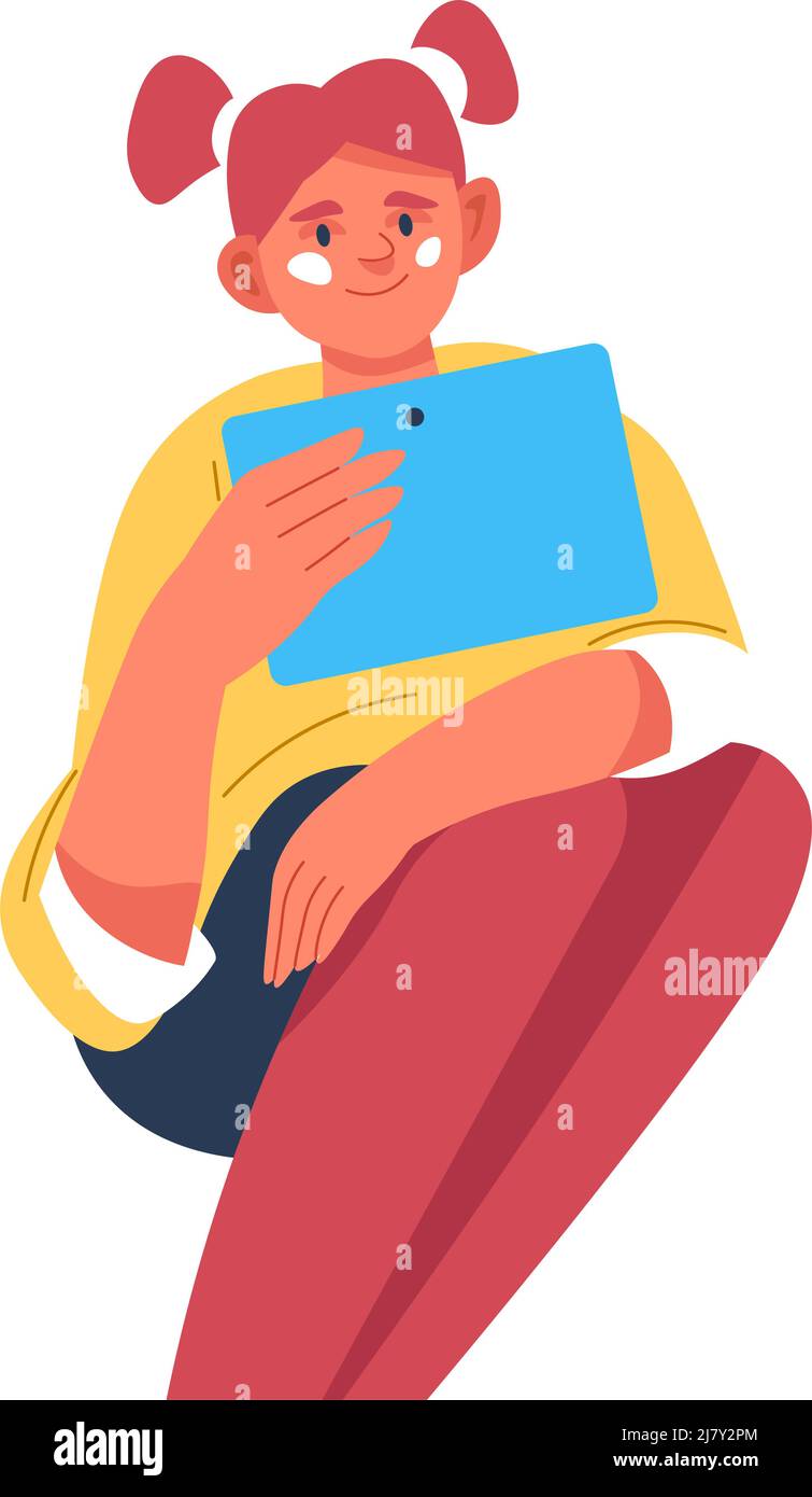 Female girl character holding modern gadget in hands watching video, studying or using device for fun. Kid with smartphone or tablet, teenager with wi Stock Vector