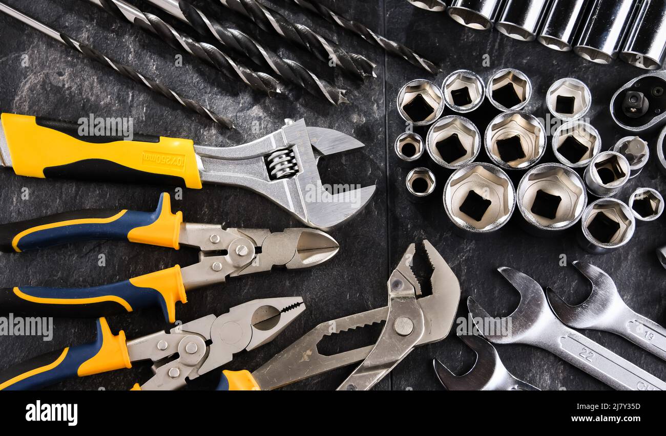 Composition with a variety of metal tools Stock Photo - Alamy