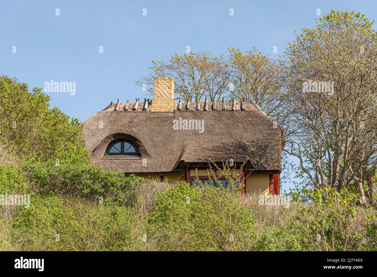 secluded holiday house with thatched roof in a wild nature, Ejby, Denmark, May 9, 2022 Stock Photo