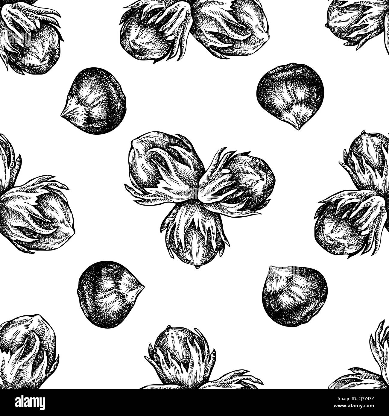 Seamless pattern with black and white hazelnut, letters Stock Vector