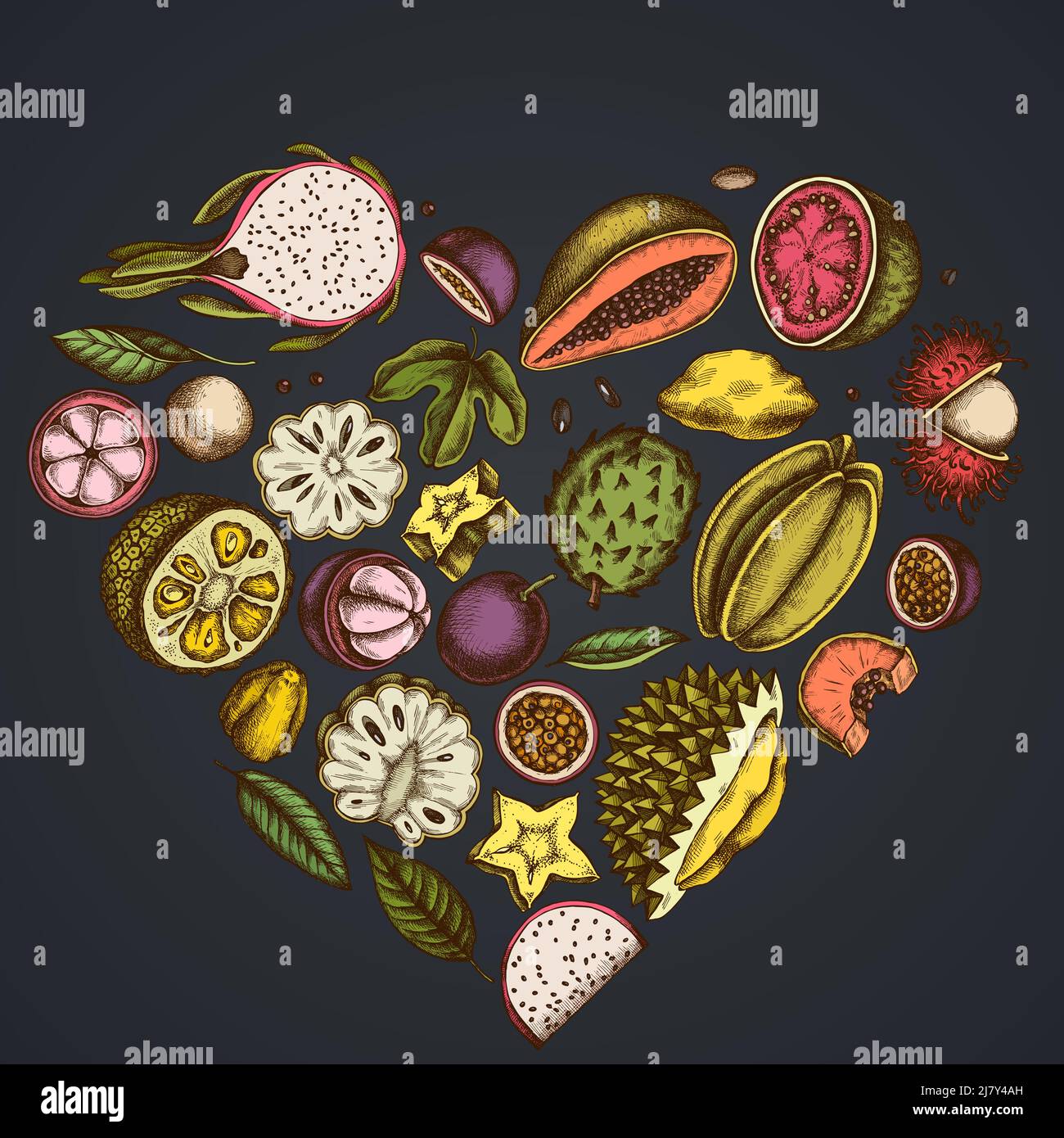 Heart design on dark background with papaya, guava, passion fruit ...