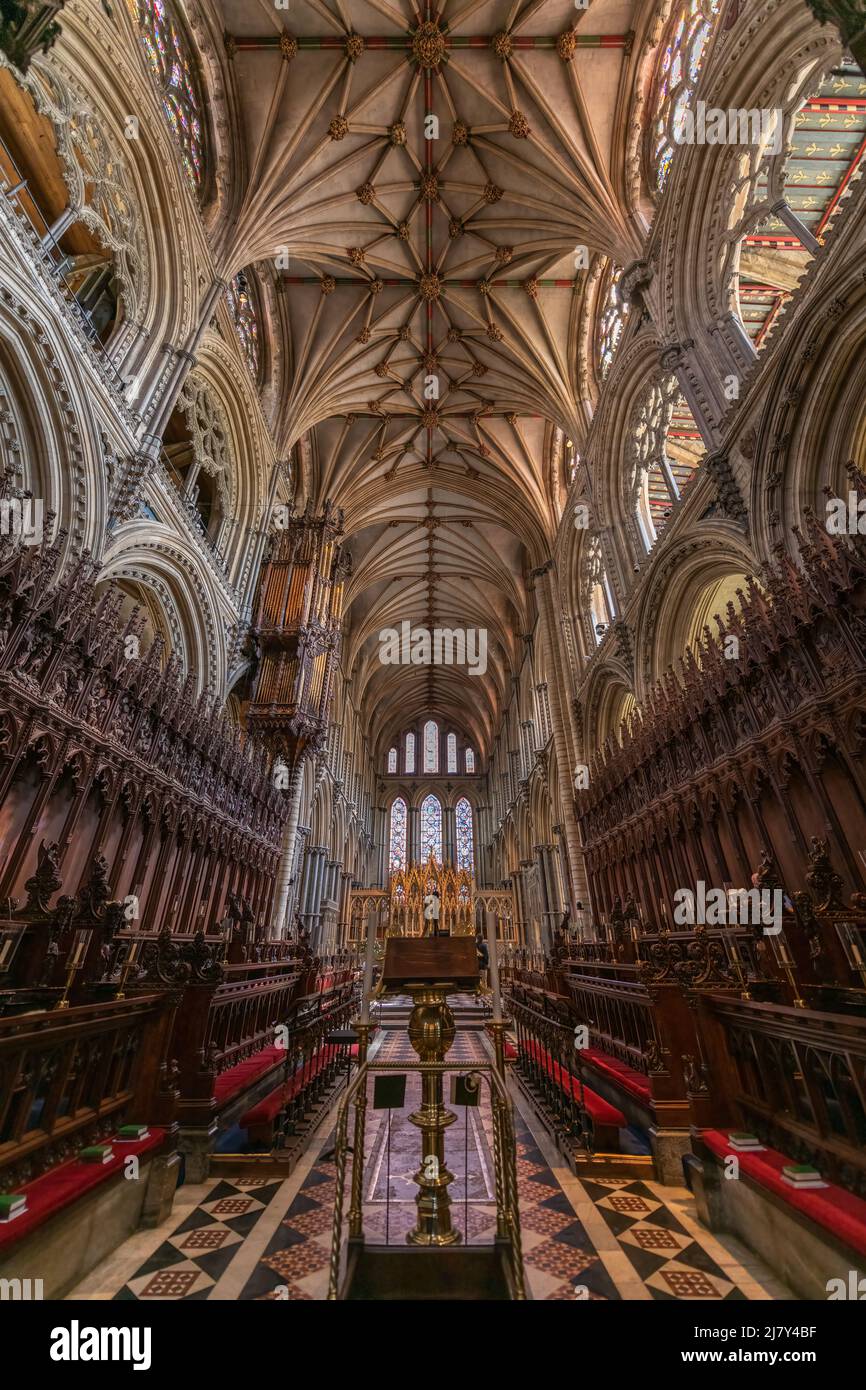 A view through the Choir Aisle of Ely Cathedral towards the Presbytery and High Altar. Stock Photo