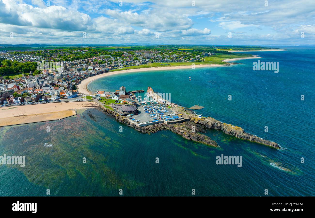 Aerial view of Milsey Bay, West Bay and harbour at North Berwick in