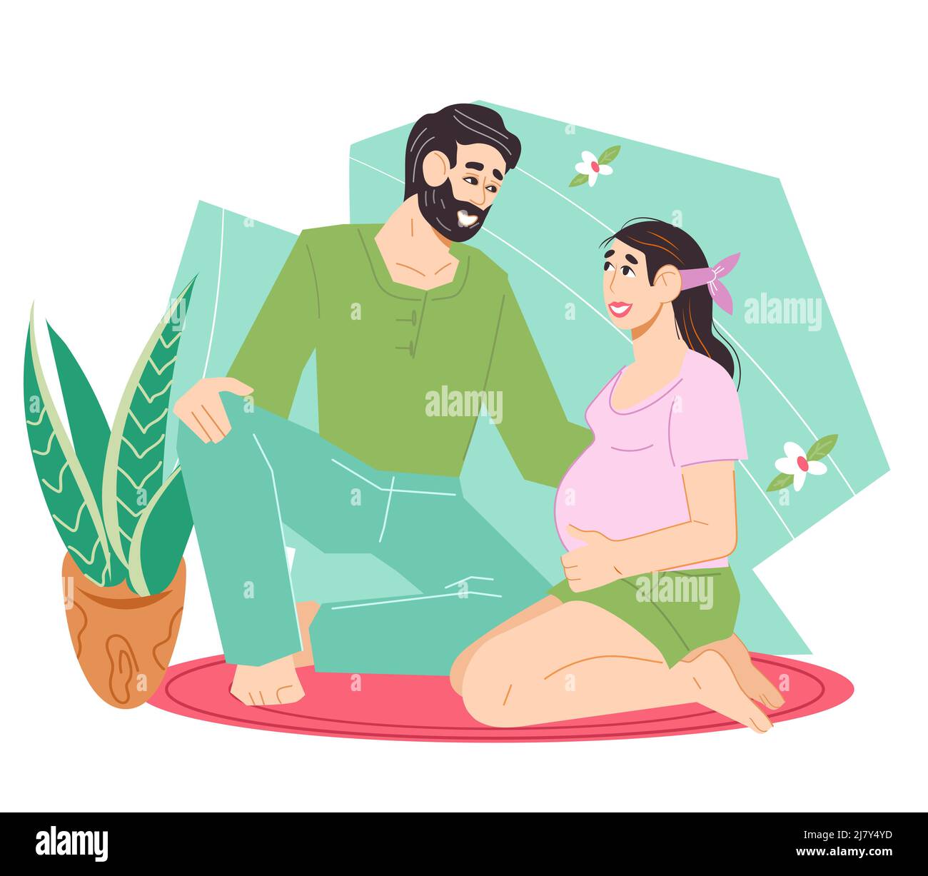 Happy married family couple expecting a baby. Pregnant woman and her partner are preparing for childbirth and parenting, flat vector illustration isol Stock Vector