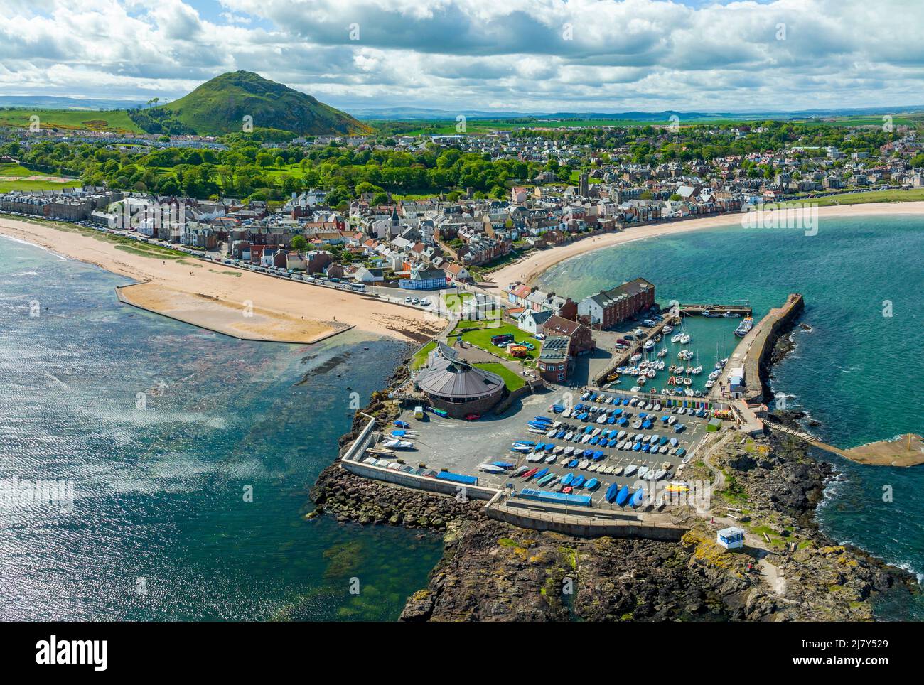 Aerial view of Milsey Bay, West Bay and harbour at North Berwick in