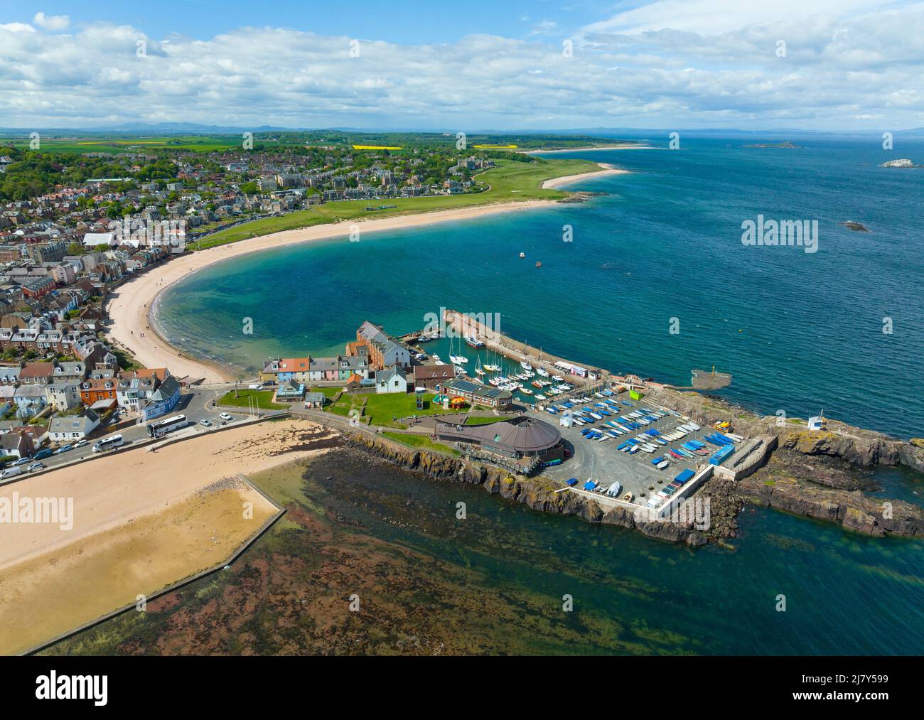 Aerial view of Milsey Bay , West Bay and harbour at North Berwick in
