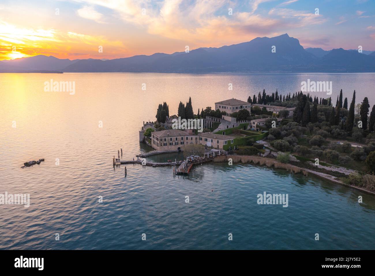 Punta San Vigilio, Garda Lake at sunset, aerial view. Italy Stock Photo