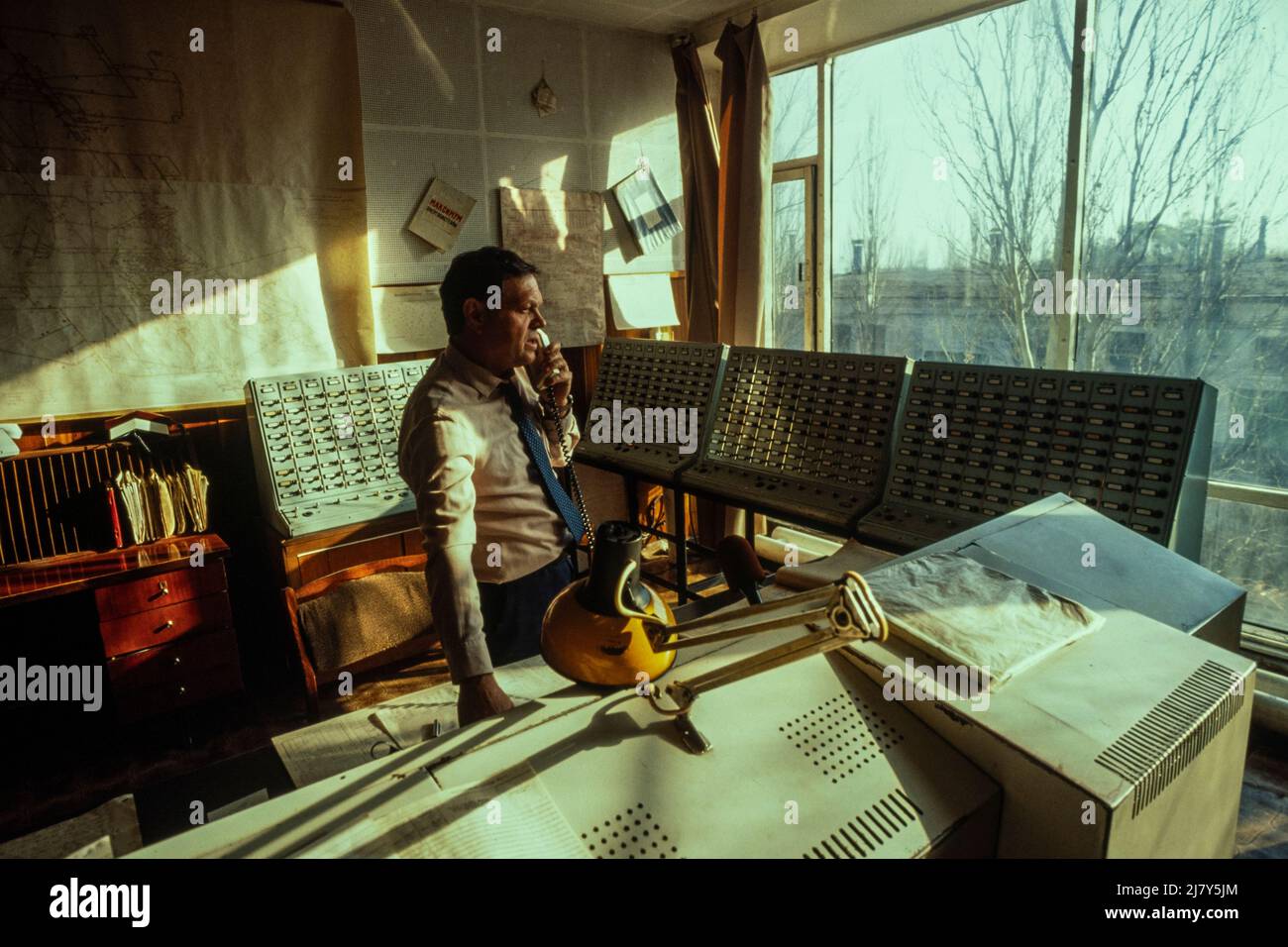 The control room at the Sots Donbas mine, Donetske, eastern Ukraine, October 1989. The mine employs 8,000 people with 6,000 working below ground. Stock Photo