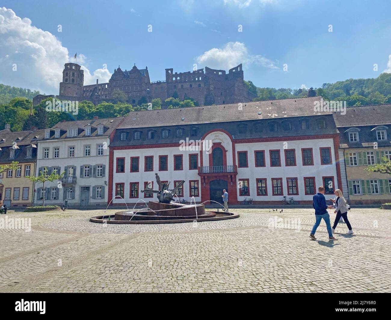 Academy of Sciences, Palais Boisserée and Karlsplatz in Heidelberg and Heidelberg Castle in the background. Stock Photo