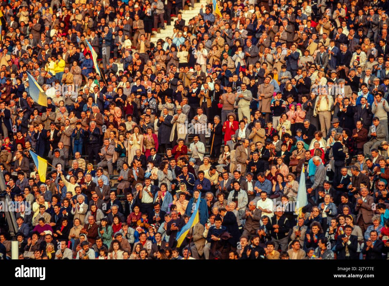 Rally of 50,000 Ukrainians at the Druhzba stadium Lviv, to commemorate the Declaration of Independance of Western Ukraine on 1 Nov 1918. Stock Photo