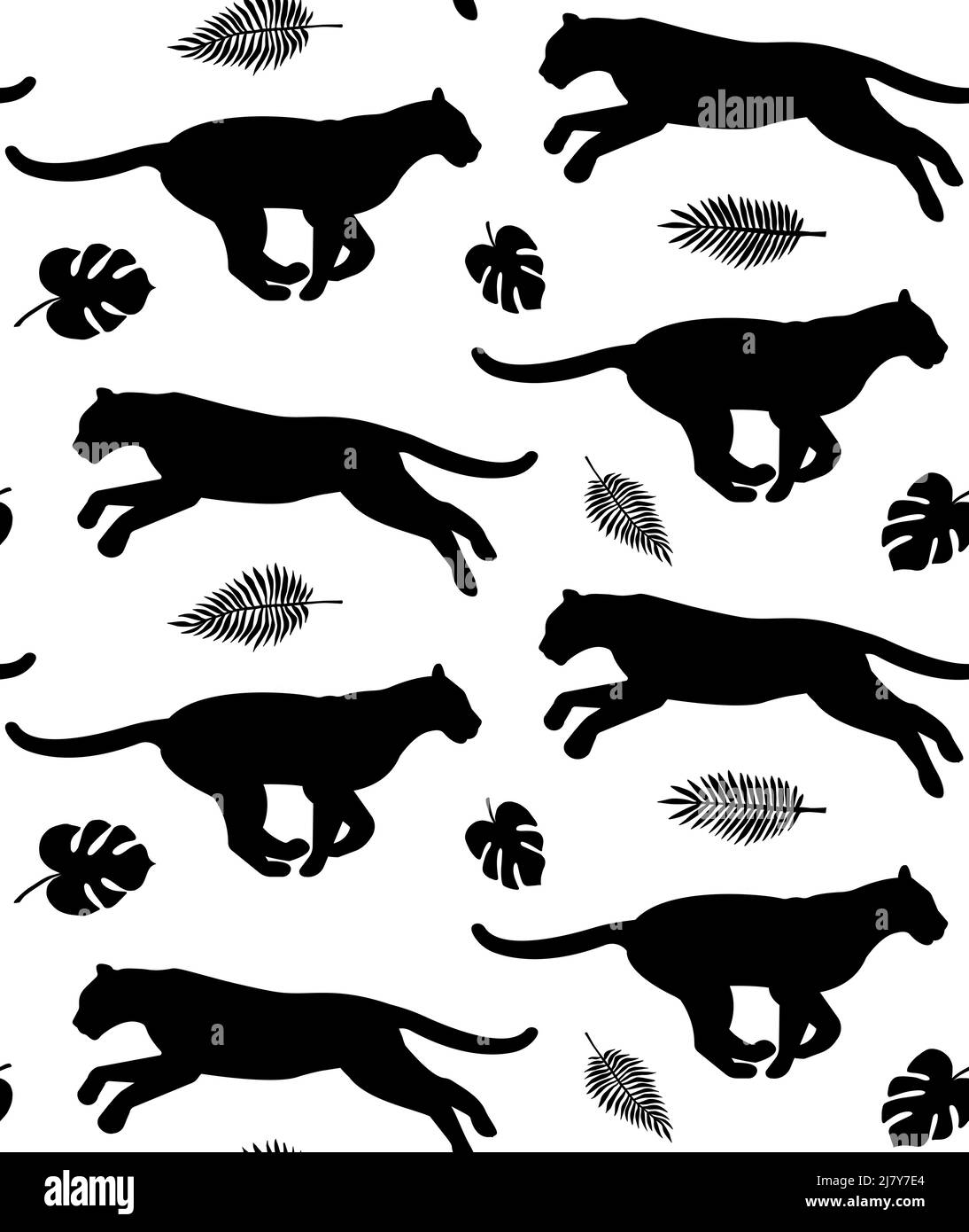 Vector seamless pattern of flat leopard and palm leaves silhouette isolated on white background Stock Vector