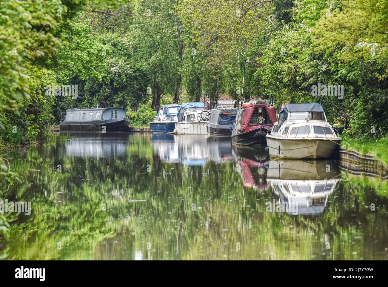 Narrowboats moored along the beautiful Grand Union Canal in Milton Keynes Stock Photo