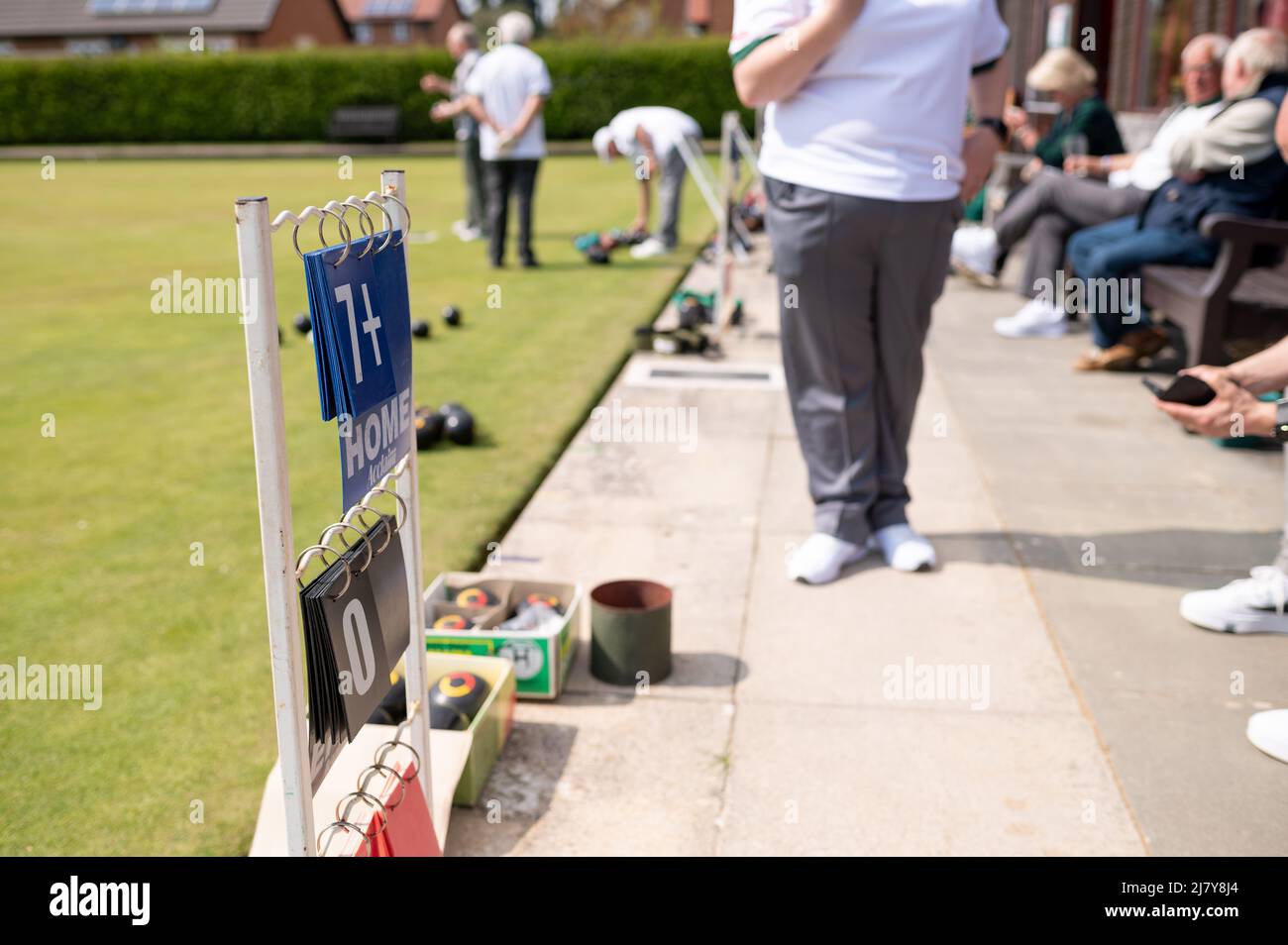 scores at Bowling on green close up low angle british summer sport uk Stock Photo