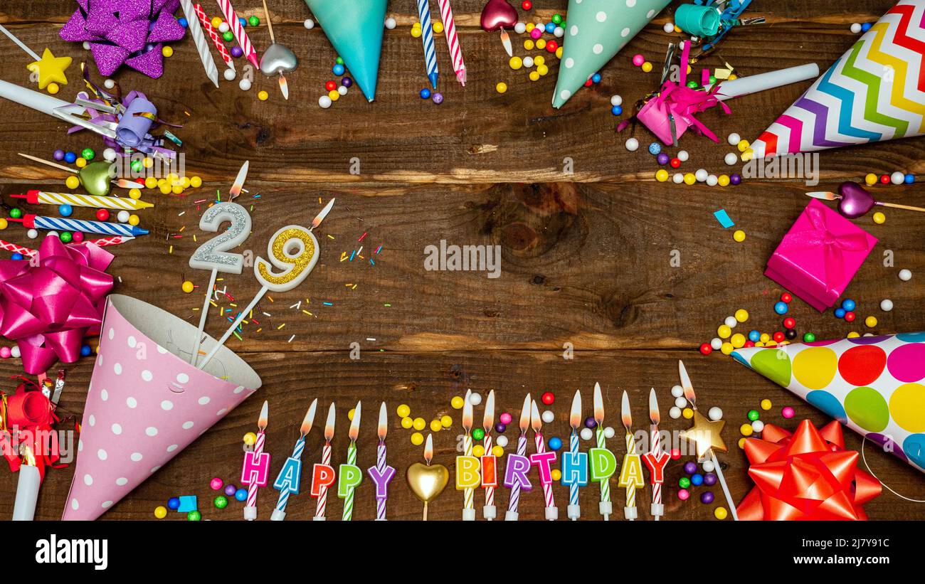 Top view of birthday copy space decoration. Happy birthday Beautiful greeting with space for your text, birthday card with decorations Stock Photo