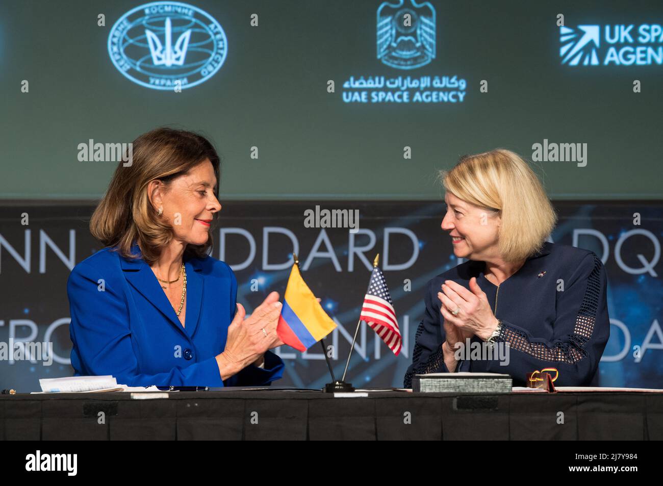 Washington, United States of America. 10 May, 2022. Colombian Vice President and Foreign Minister, Marta Lucia Ramirez, left, and NASA Deputy Administrator Pam Melroy, celebrate after the signing of the Artemis Accords, at the NASA Headquarters Mary W. Jackson Building, May 10, 2022 in Washington, DC, USA. Colombia is the nineteenth country to sign the Artemis Accords, which establish a practical set of principles to guide space exploration cooperation among nations participating in the NASA Artemis program. Credit: Aubrey Gemignani/NASA/Alamy Live News Stock Photo