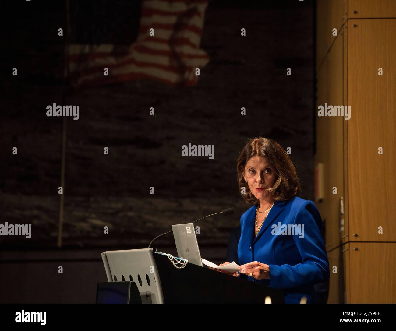 Washington, United States Of America. 10th May, 2022. Washington, United States of America. 10 May, 2022. Colombian Vice President and Foreign Minister, Marta Lucia Ramirez, delivers remarks before signing the Artemis Accords, at the NASA Headquarters Mary W. Jackson Building, May 10, 2022 in Washington, DC, USA. Colombia is the nineteenth country to sign the Artemis Accords, which establish a practical set of principles to guide space exploration cooperation among nations participating in the NASA Artemis program. Credit: Aubrey Gemignani/NASA/Alamy Live News Stock Photo
