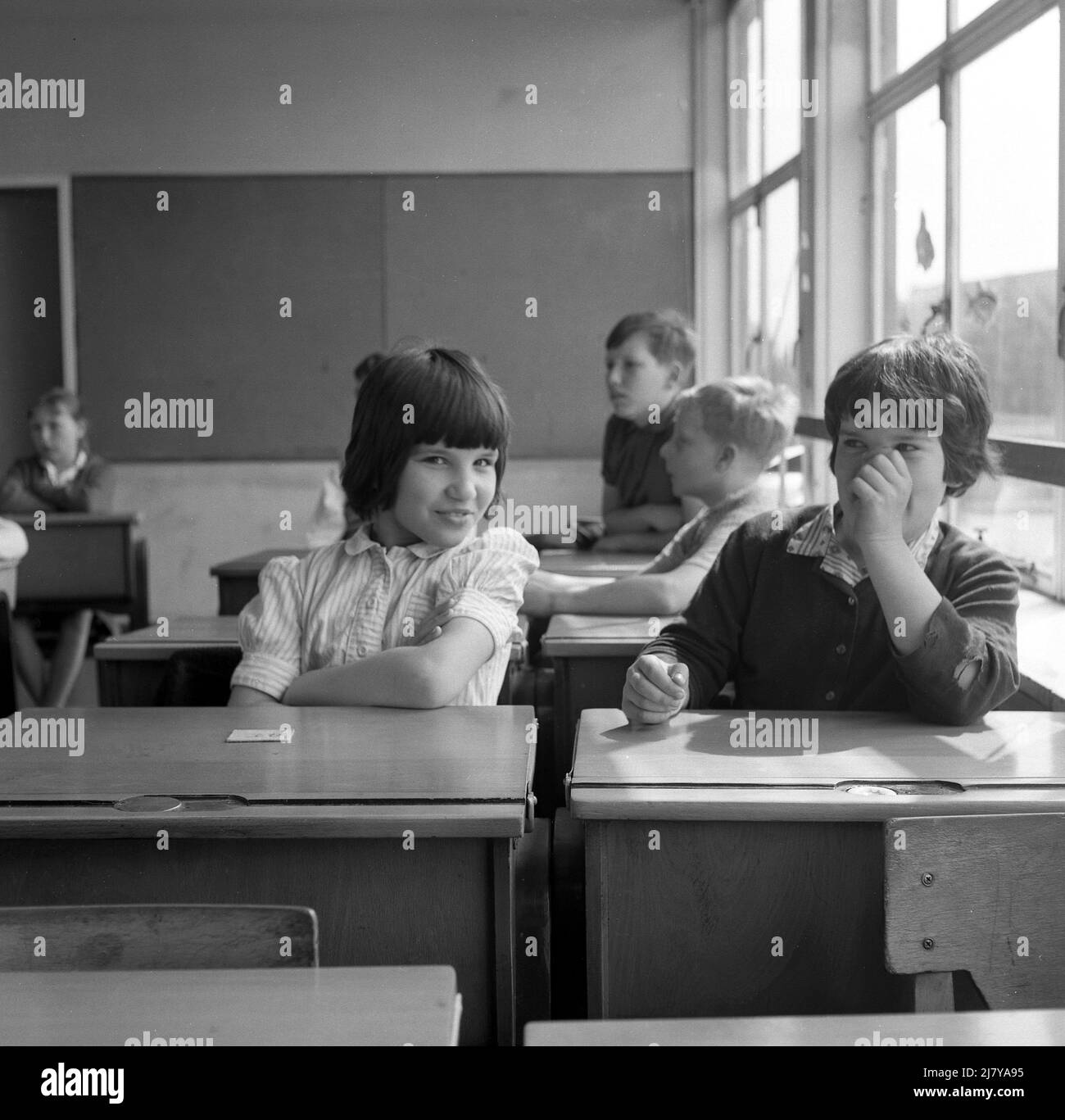 Wooden school desks classroom Black and White Stock Photos & Images Alamy