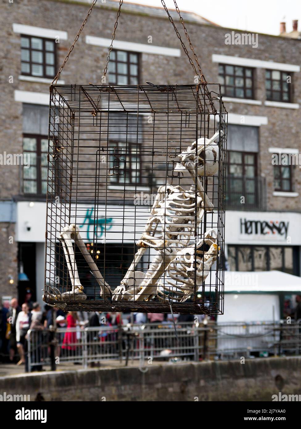 Skeleton in a cage hanging over the harbour at the Brixham Pirate Festival 2022, Devon, UK Stock Photo