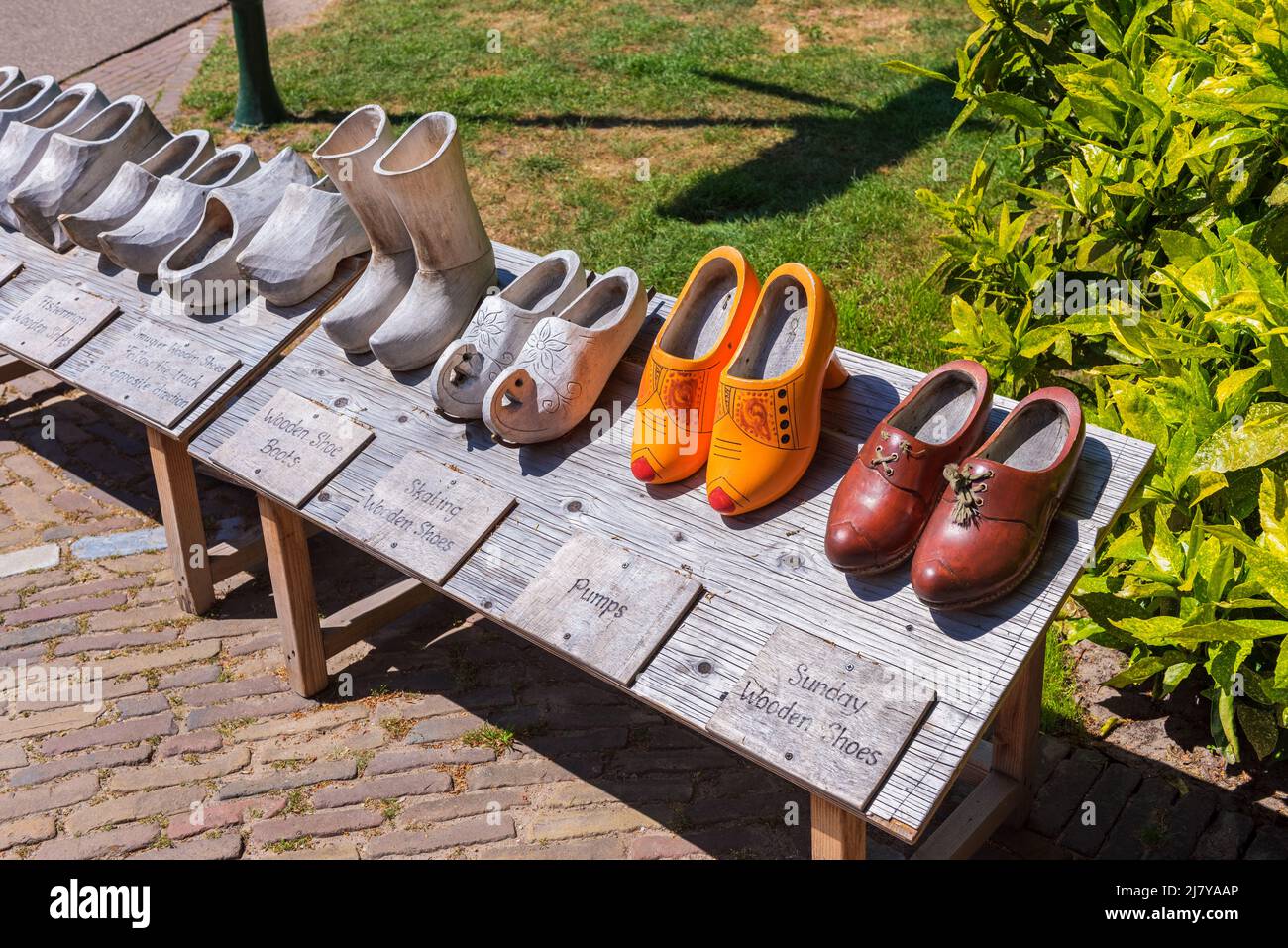 Clogs on display at the Keukenhof Gardens complex in Lisse, South Holland, The Netherlands on spring day Stock Photo