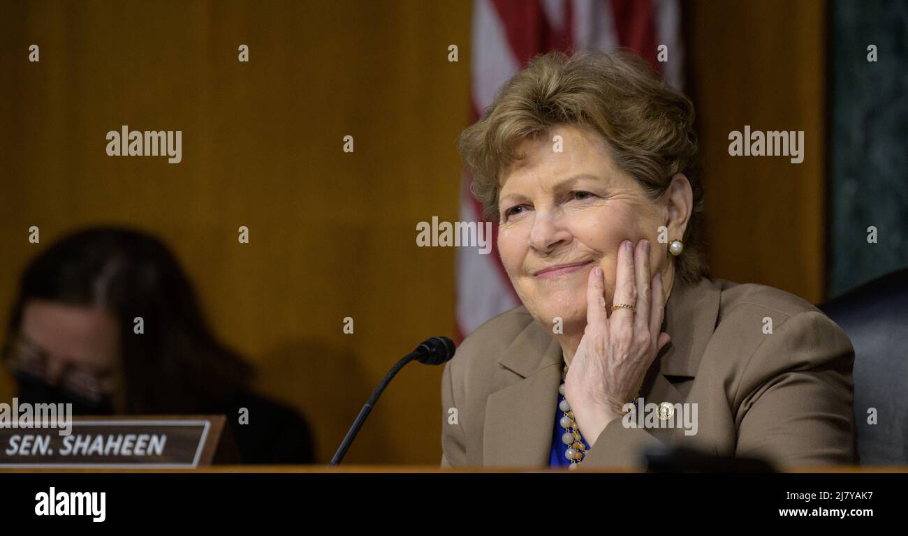 Committee Chair Senator Jeanne Shaheen smiles as she listens to NASA Administrator Bill Nelson, answer a question during his testimony before the Senate Appropriations Commerce, Justice, Science, and Related Agencies subcommittee during the FY 2023 budget hearing, at the Dirksen Senate Office Building, May 3, 2022, in Washington, D.C. Stock Photo