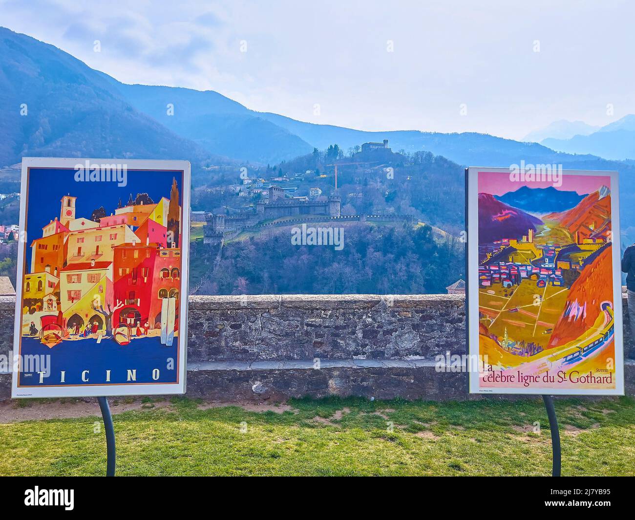 BELLINZONA, SWITZERLAND - MARCH 19, 2022: The vintage styled postcards in the courtayrd of Castelgrande, on March 19 in Bellinzona, Switzerland Stock Photo