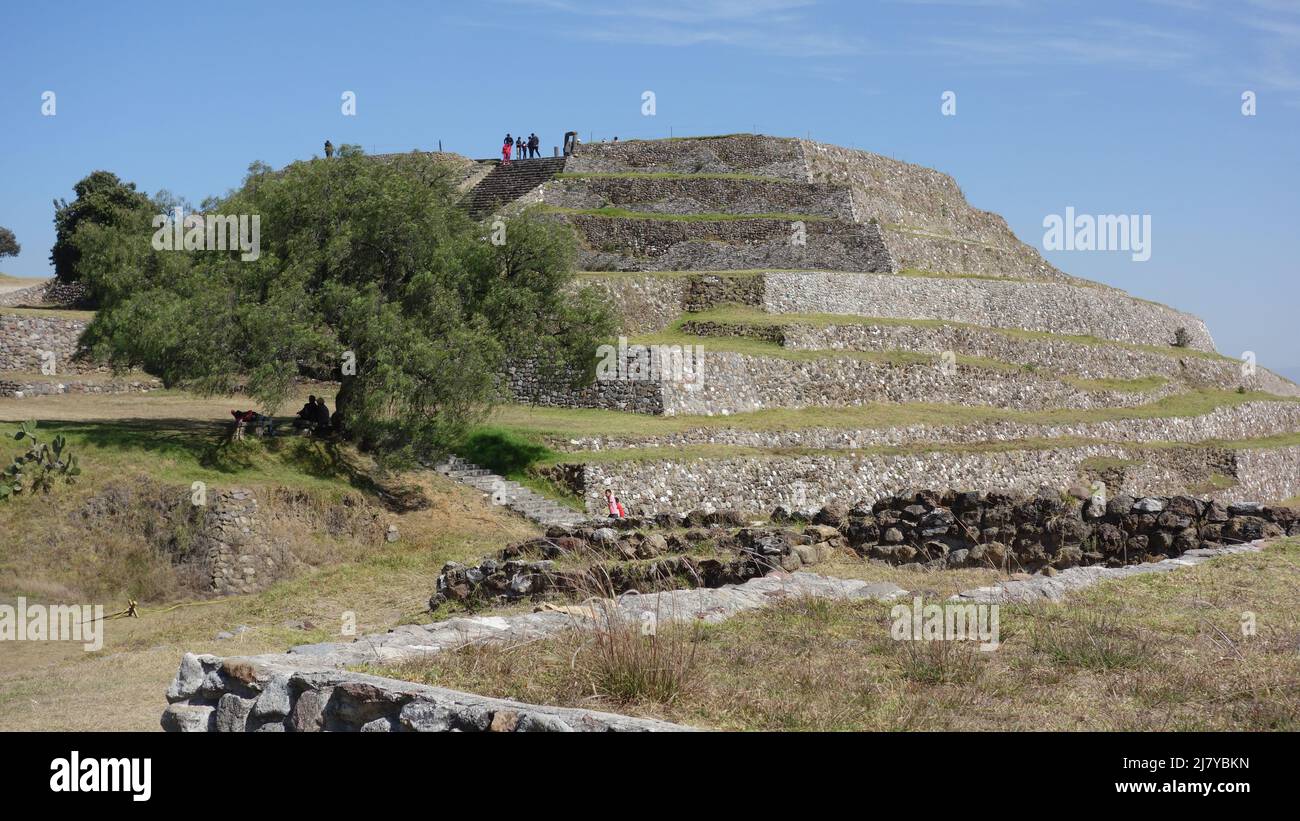 The Pyramid of the Flowers, Xochitecatl Pre-Columbian Archaeological Site in Tlaxcala Mexico. Xochitecatl means the Place of the Lineage of Flowers Stock Photo