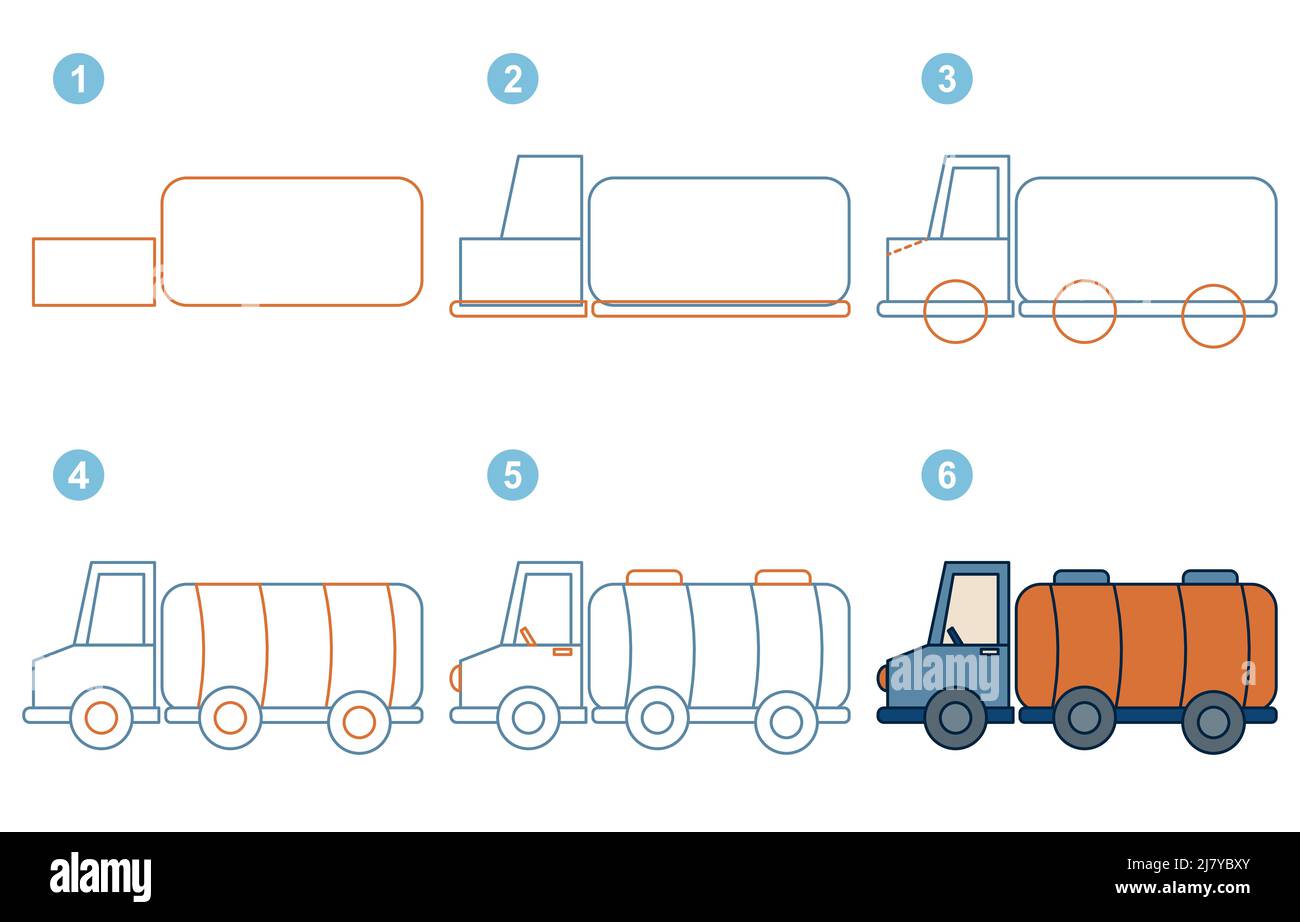 Instructions for drawing fuel tanker. Step by step Stock Vector Image