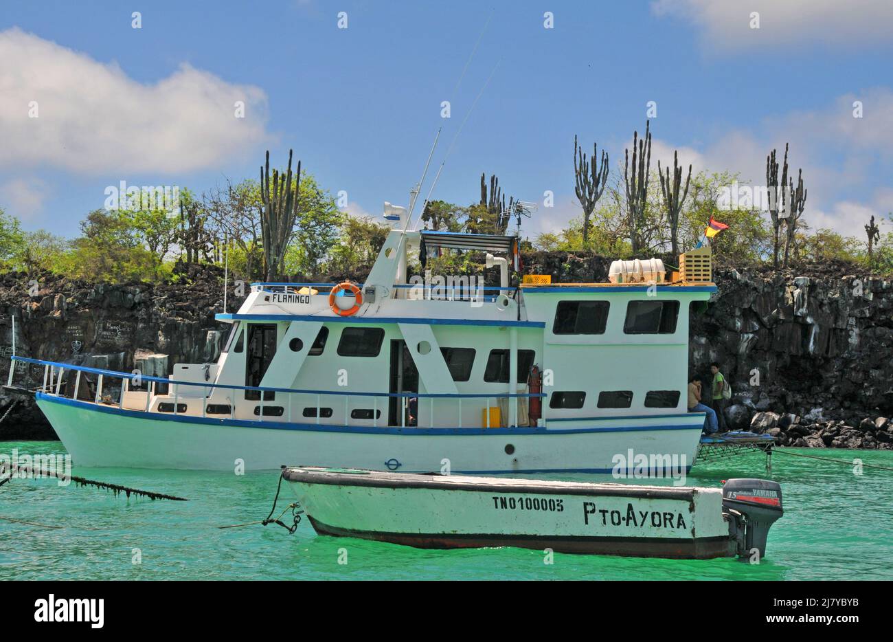boats in Academy Bay, Puerto Isidro Ayora, Santa Cruz island, Galapagos, Ecuador Stock Photo