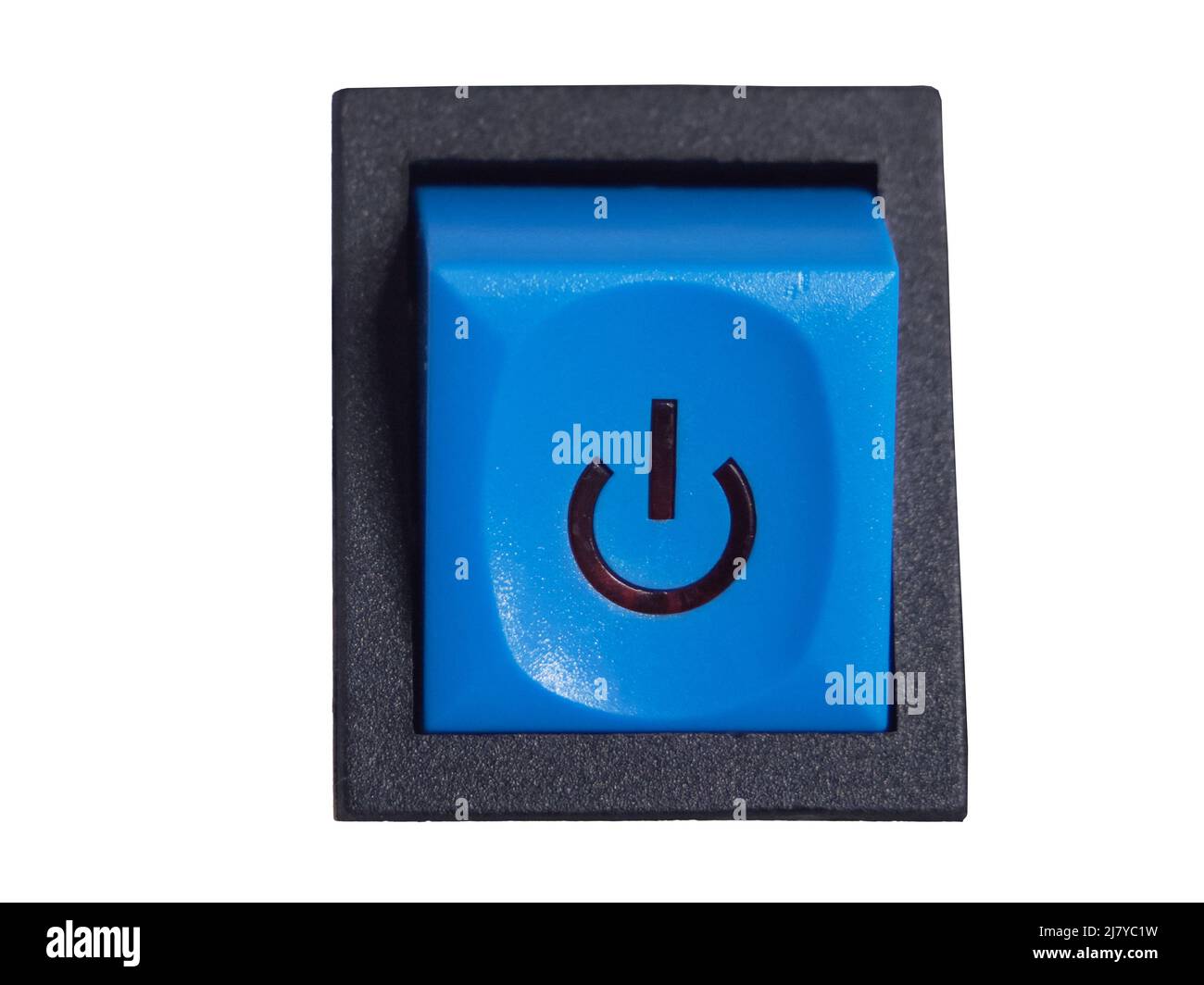 Blue power switch button isolated on white background. Power button