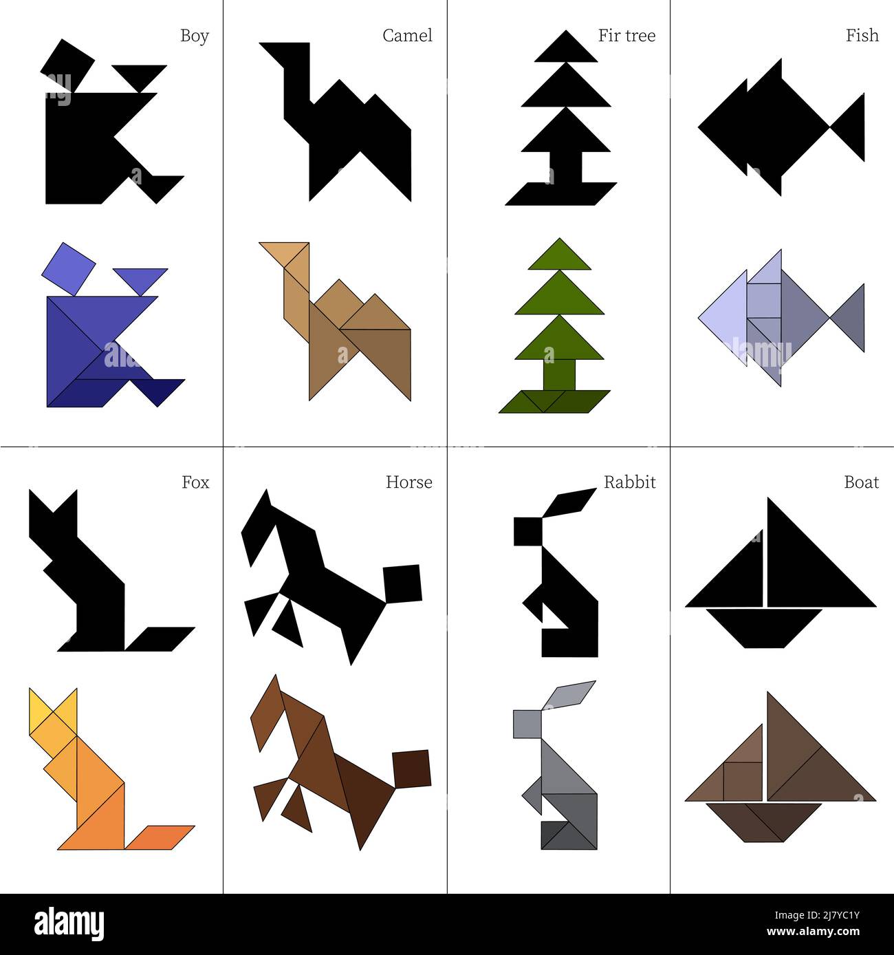 Tangram puzzle game Schemes with different objects Stock Vector