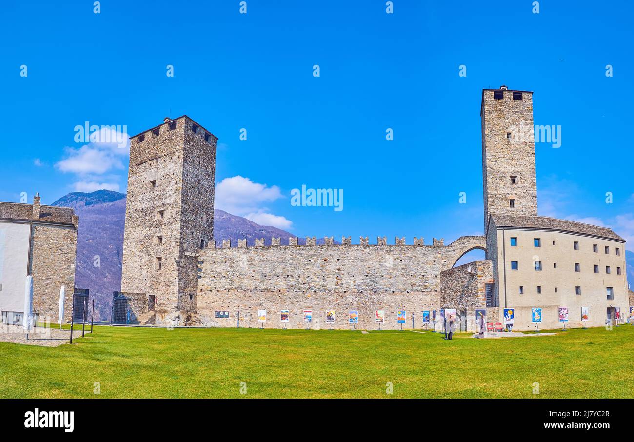 BELLINZONA, SWITZERLAND - MARCH 19, 2022: Panorama of the courtyard of Castelgrande fortress with exhibition of vintage postcards,  on March 19 in Bel Stock Photo