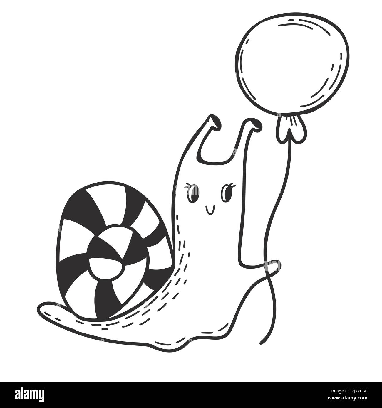 Cute snail with balloon. Linear hand drawn doodle. Funny mollusk-snail ...