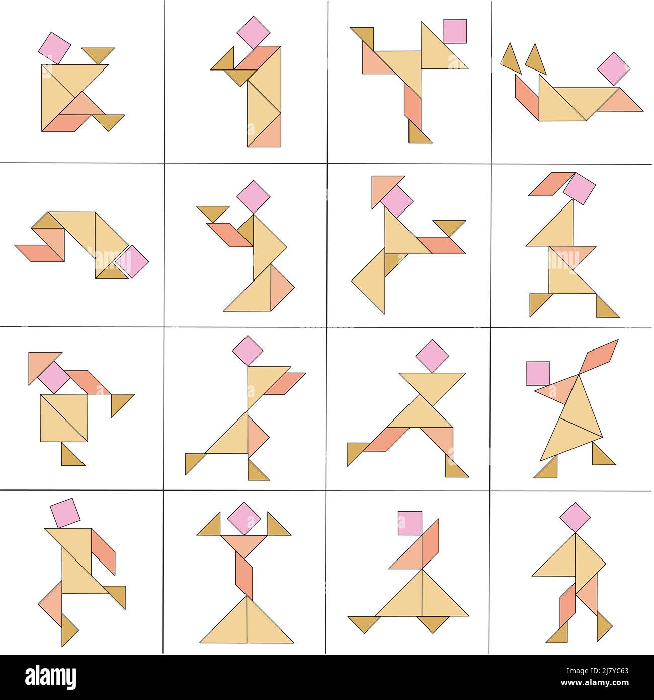 Tangram puzzle. Set with different poses of people Stock Vector