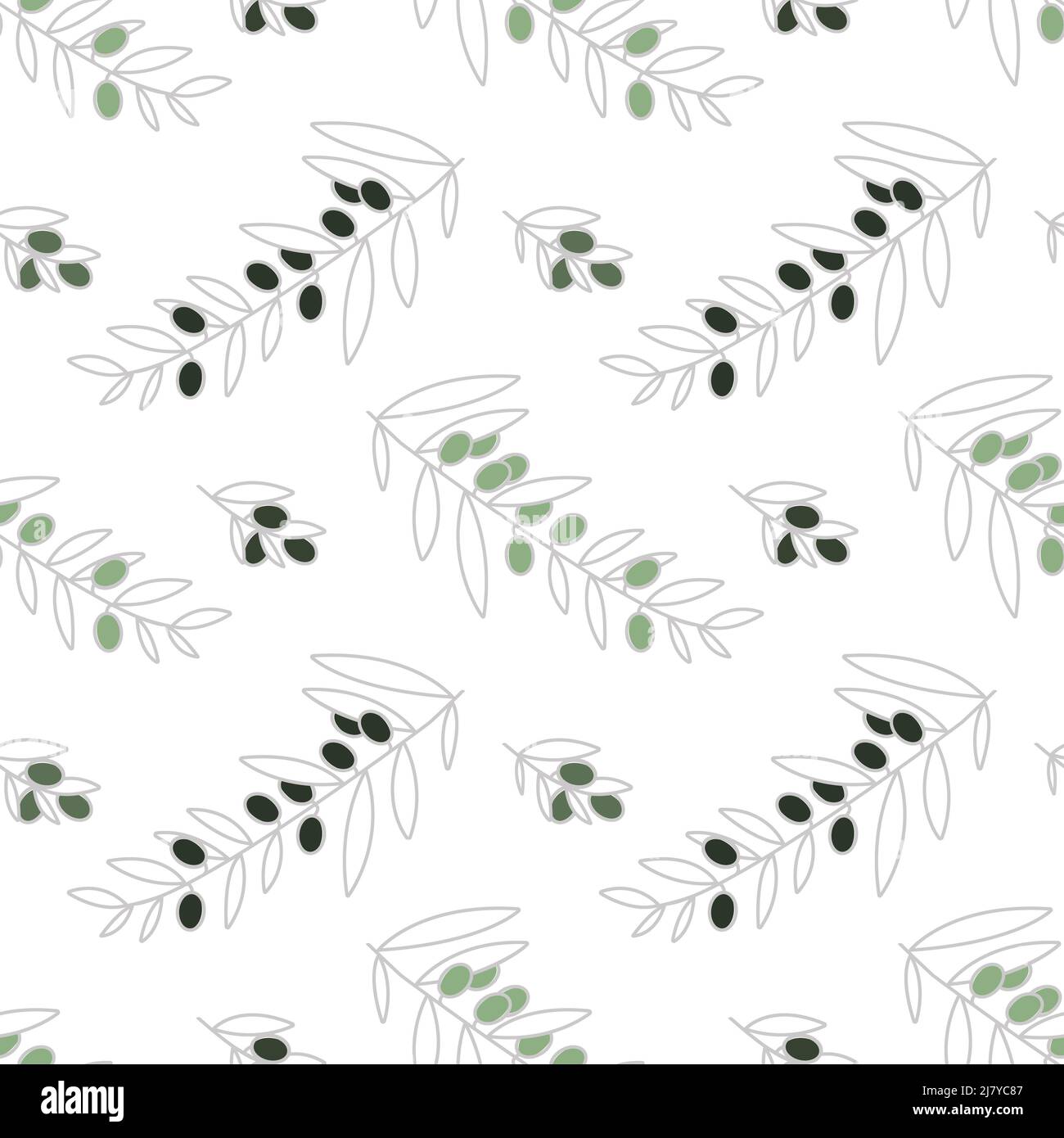 Olive seamless pattern. Olive branch with silvery leaves and green and black olives. Modern trendy design style, home decor, Scandinavian minimalism. Stock Photo
