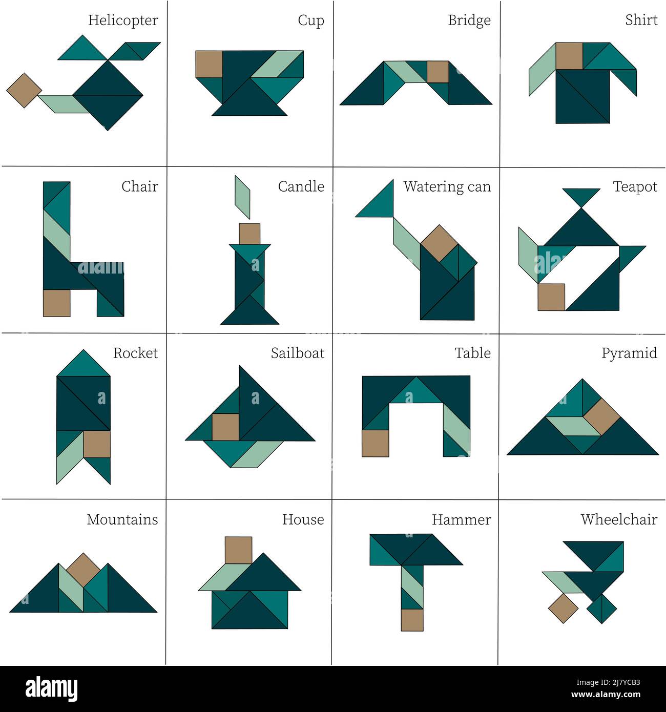 Tangram puzzle game Schemas with different objects Stock Vector