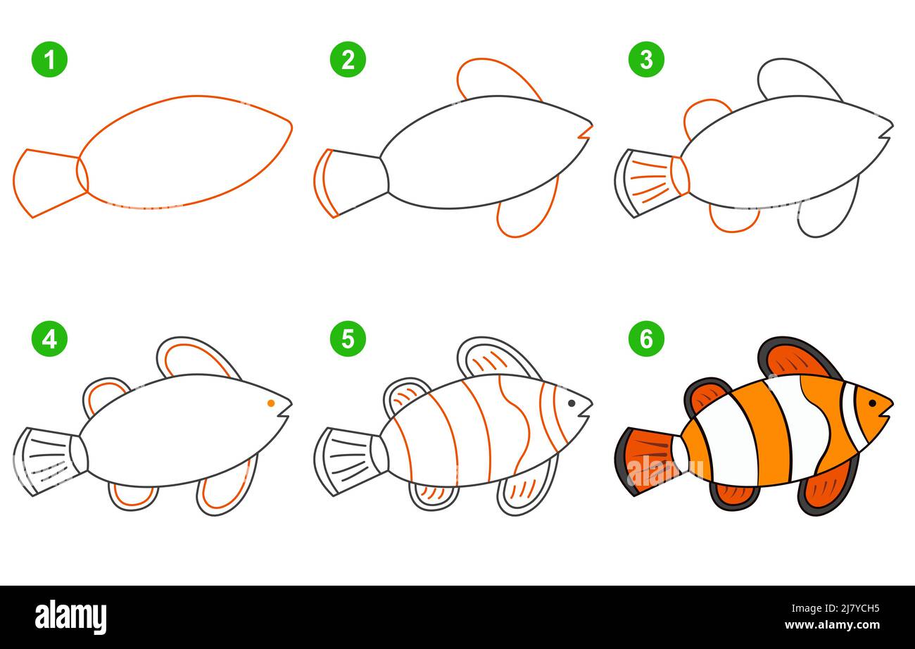 Instructions for drawing clown fish. Step by step. Stock Vector