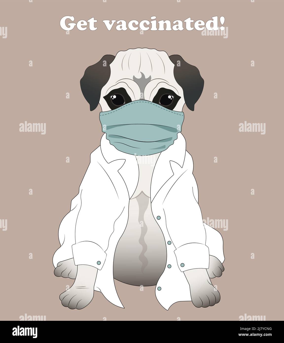 Pug in a medical coat and mask. Get vaccinated. Stock Vector