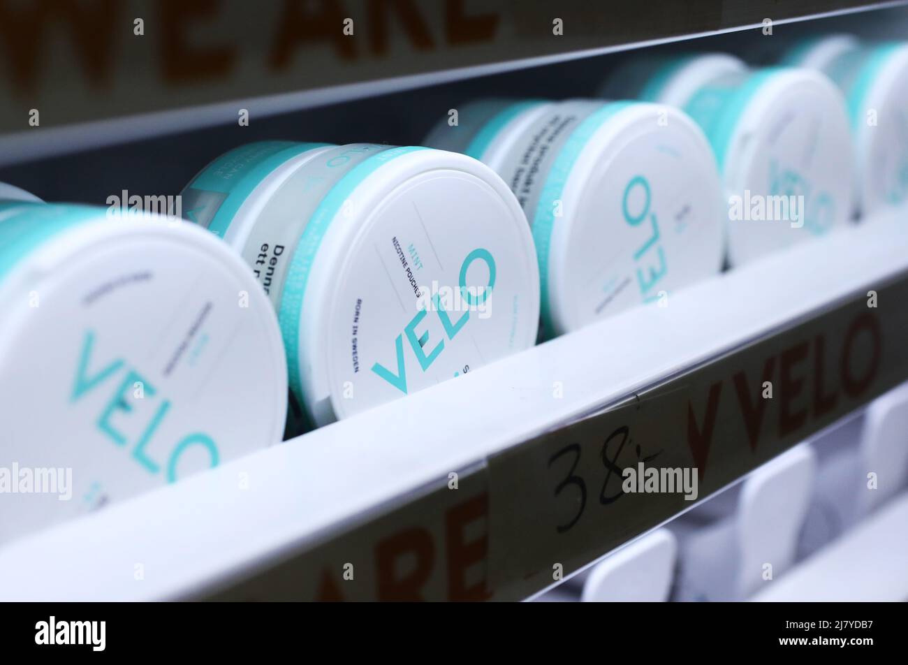 Velo snus (snuff) in a kiosk (store). Stock Photo