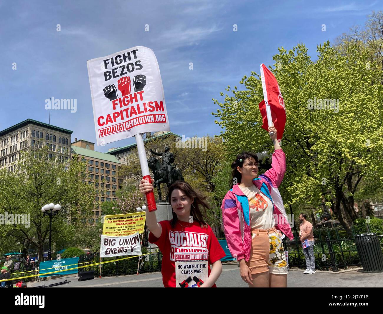 Activists rally in Union Square Park in New York on May Day, Sunday, May 1, 2022. Members of numerous groups rallied their support for unionization and against corporate attacks on workers.  (© Frances M. Roberts) Stock Photo