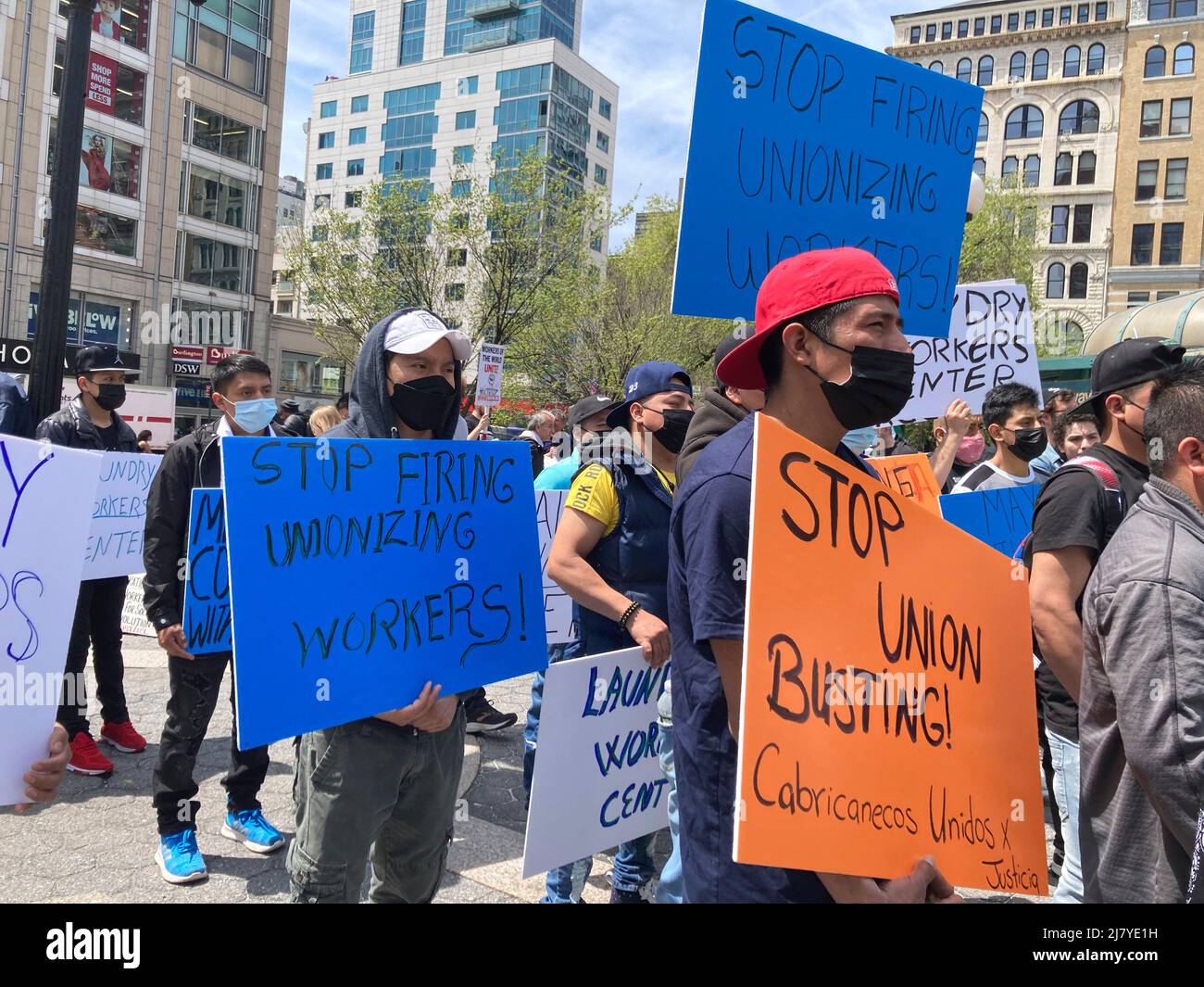 Activists rally in Union Square Park in New York on May Day, Sunday, May 1, 2022. Members of numerous groups rallied their support for unionization and against corporate attacks on workers.  (© Frances M. Roberts) Stock Photo