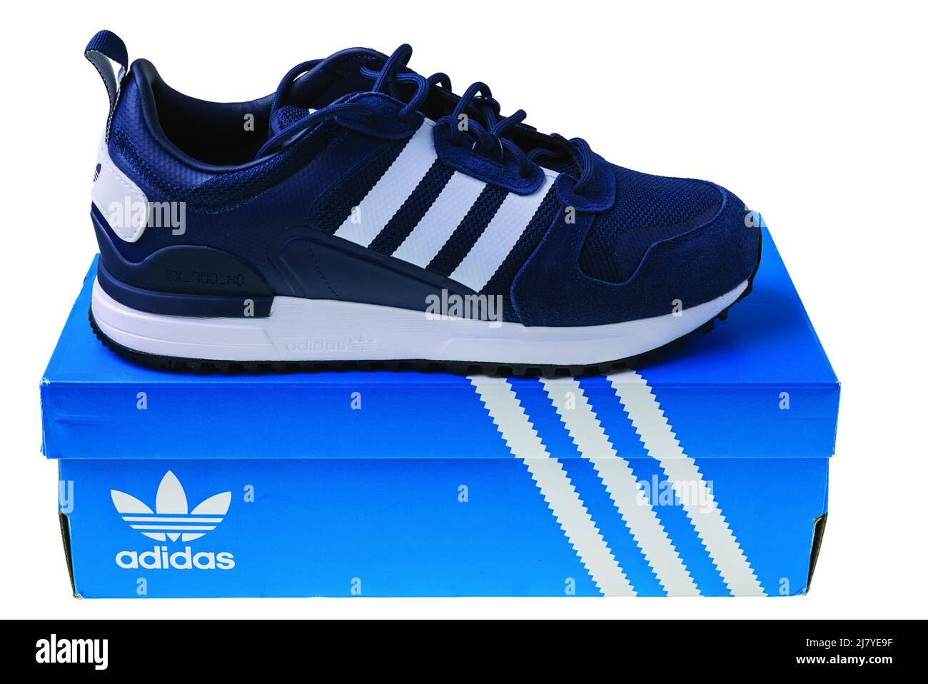 Hacia arriba Rizo promoción Close up view of blue adidas sneakers with packing box isolated on white  background. Sweden Stock Photo - Alamy