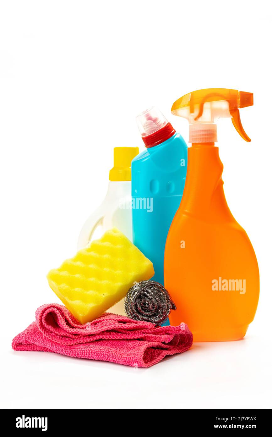 Bucket Of Cleaning Supplies On Isolated White Background - Cleaning  Services Concept Stock Photo