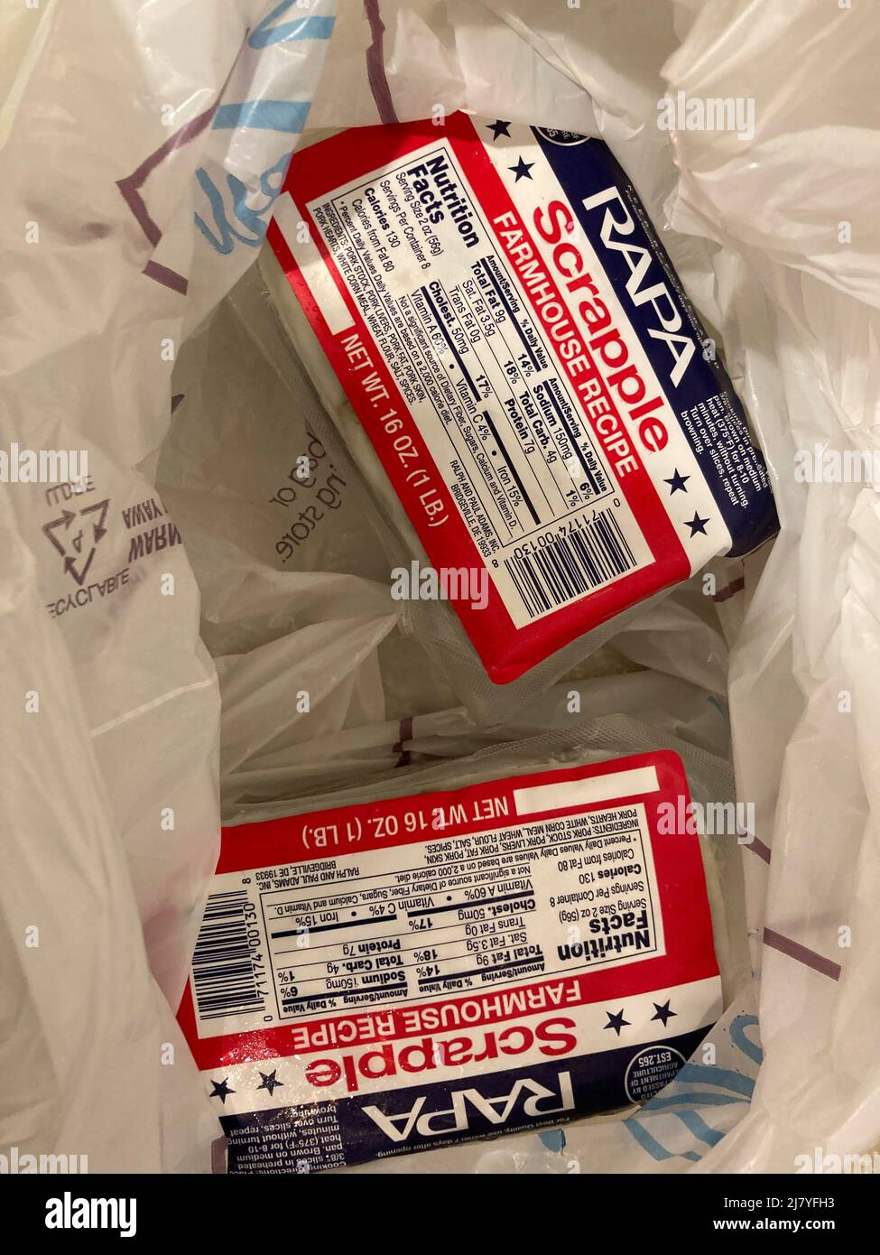 Packages of Rapa brand scrapple purchased from a  supermarket in New York on Thursday, May 5, 2022. (© Frances M. Roberts) Stock Photo