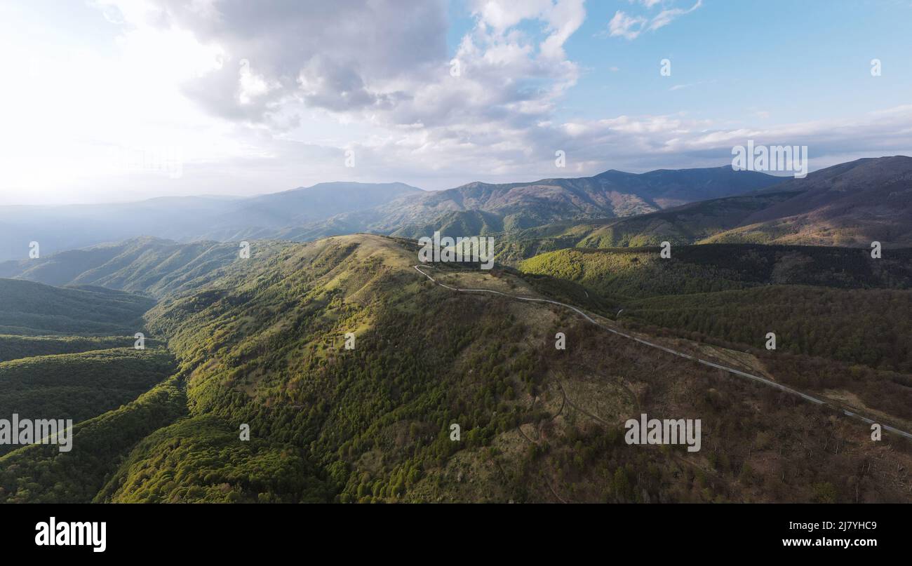 High angle aerial view drone image of sunset sun rays trough the trees ...